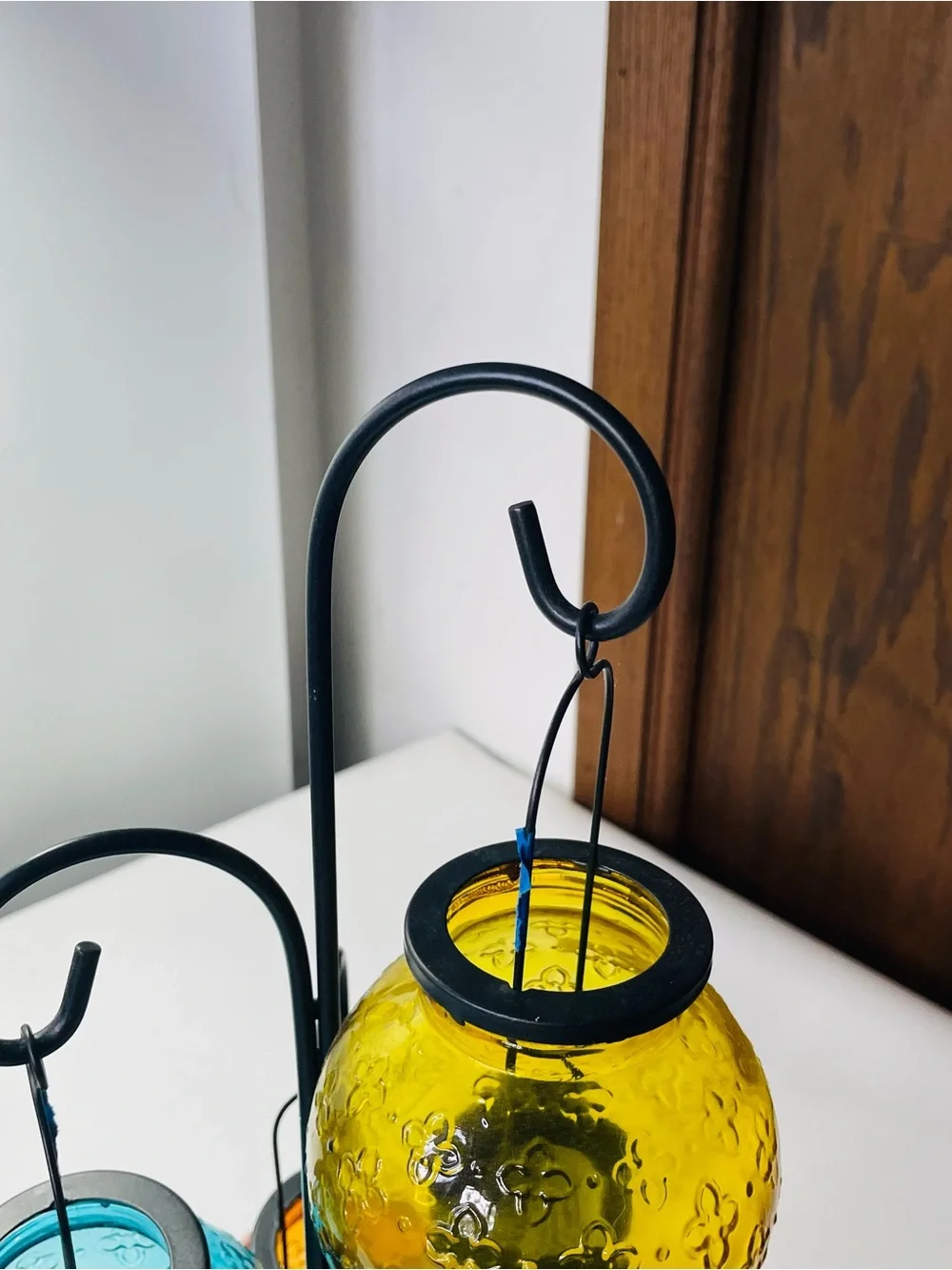 Pier 1 Tiered Hanging Tea Glass Hanging Lantern Wrought Iron Stand 17.75”